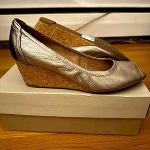 Clarks Burmese Art Peep-Toe Cork Wedge Pumps